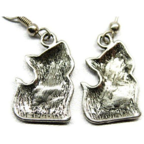 Cat Kitten Heart Love Silver Tone Vertical Drop Dangle Hook Earrings Womans - Picture 4 of 6